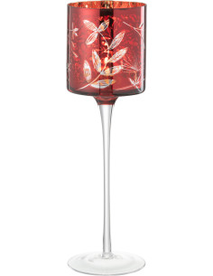 Photophore moderne sur pied XL Hauteur 30 cm en Verre Rouge Motif feuilles Covin - 1