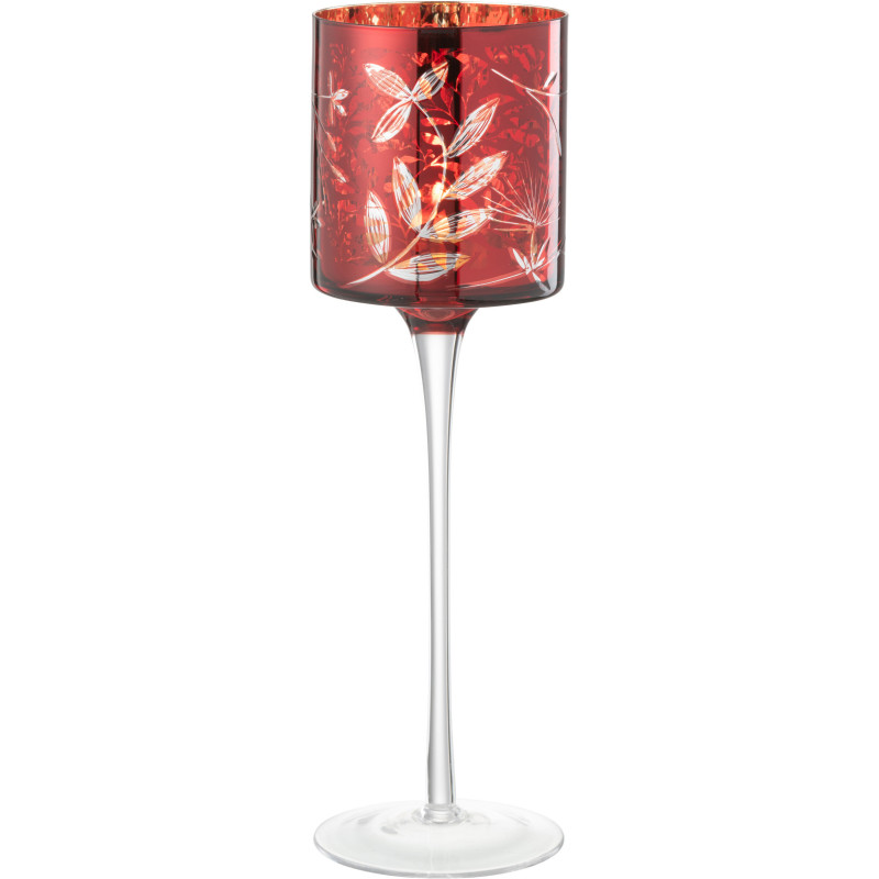 Photophore moderne sur pied XL Hauteur 30 cm en Verre Rouge Motif feuilles Covin - 1