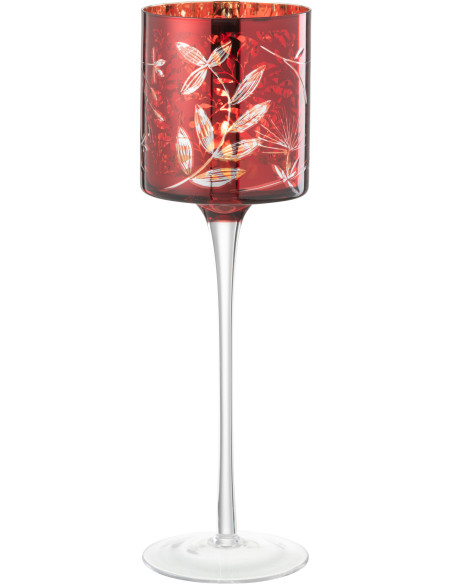 Photophore moderne sur pied XL Hauteur 30 cm en Verre Rouge Motif feuilles Covin - 1