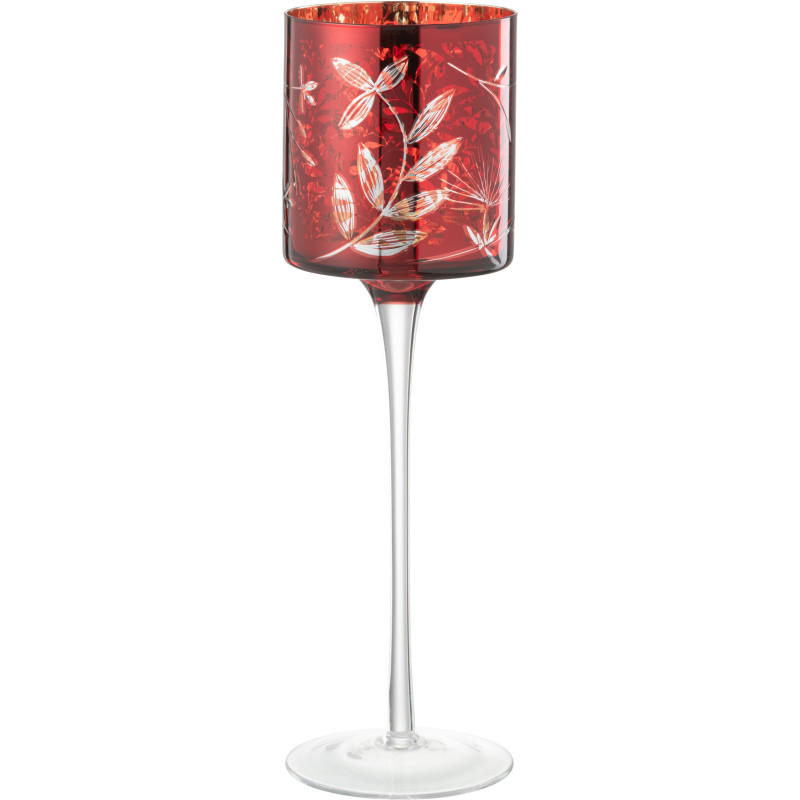 Photophore moderne sur pied XL Hauteur 30 cm en Verre Rouge Motif feuilles Covin - 2