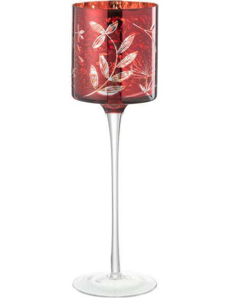 Photophore moderne sur pied XL Hauteur 30 cm en Verre Rouge Motif feuilles Covin - 2