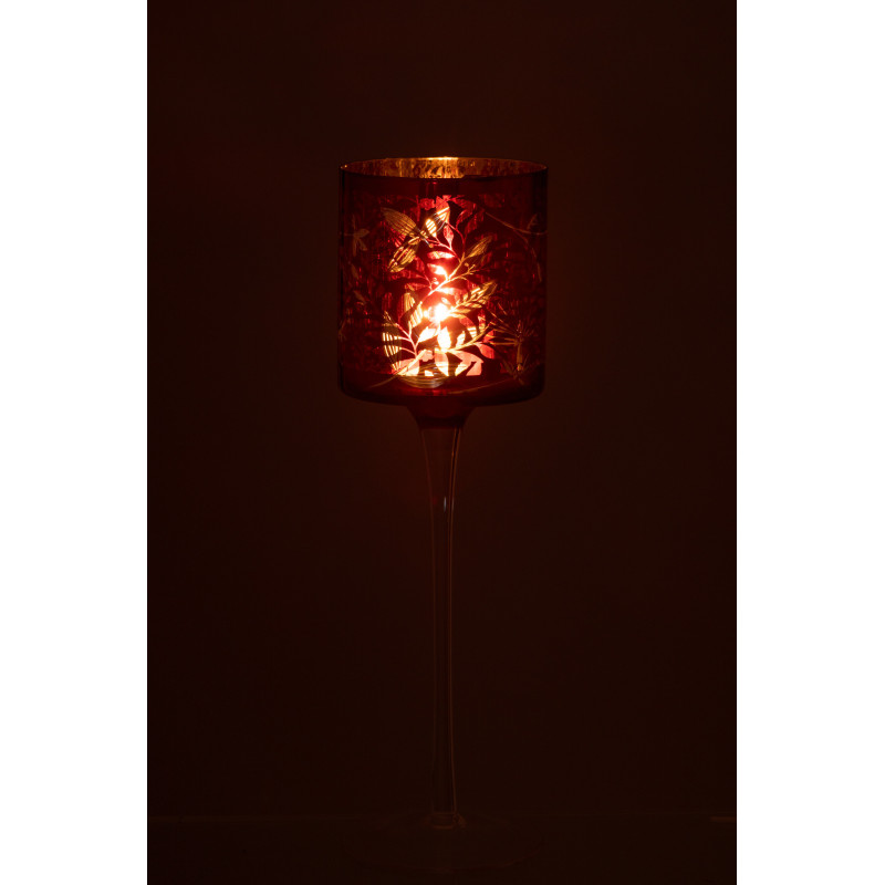 Photophore moderne sur pied XL Hauteur 30 cm en Verre Rouge Motif feuilles Covin - 3