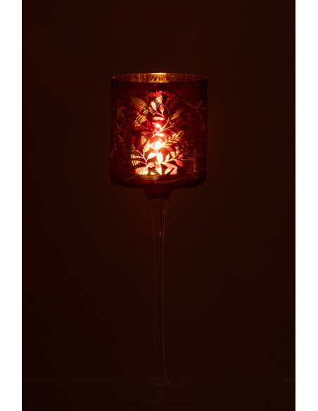 Photophore moderne sur pied XL Hauteur 30 cm en Verre Rouge Motif feuilles Covin - 3