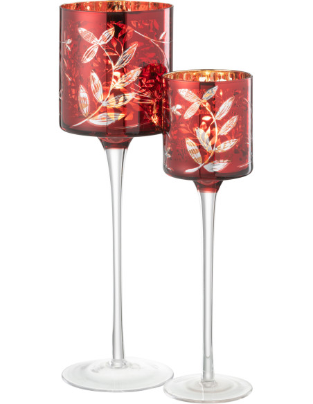Photophore moderne sur pied XL Hauteur 30 cm en Verre Rouge Motif feuilles Covin - 4