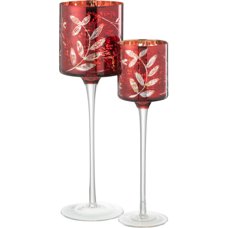 Photophore moderne sur pied XL Hauteur 30 cm en Verre Rouge Motif feuilles Covin - 5