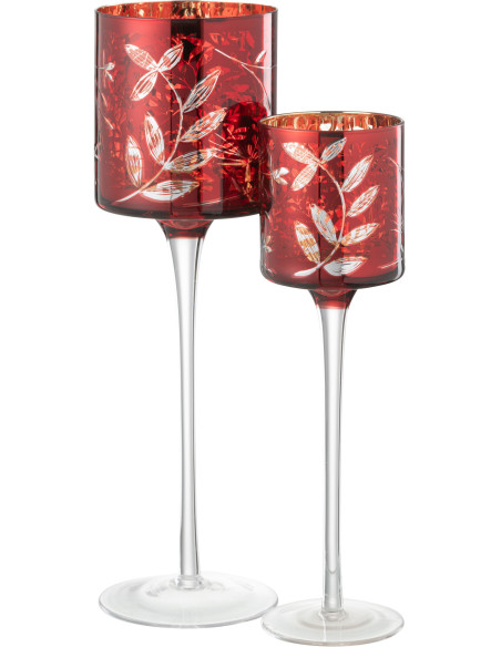 Photophore moderne sur pied XL Hauteur 30 cm en Verre Rouge Motif feuilles Covin - 5