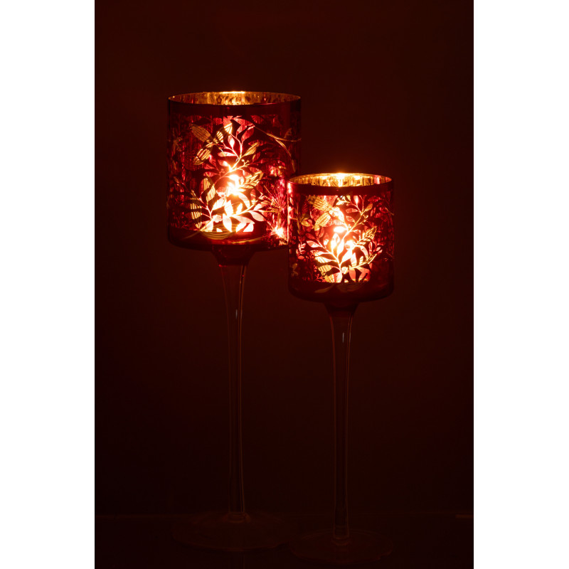 Photophore moderne sur pied XL Hauteur 30 cm en Verre Rouge Motif feuilles Covin - 6