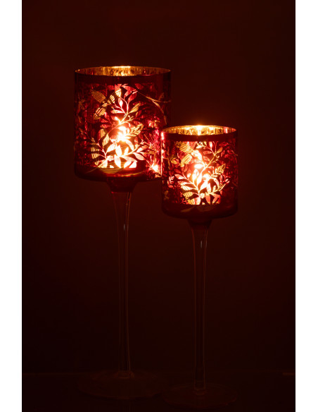 Photophore moderne sur pied XL Hauteur 30 cm en Verre Rouge Motif feuilles Covin - 6