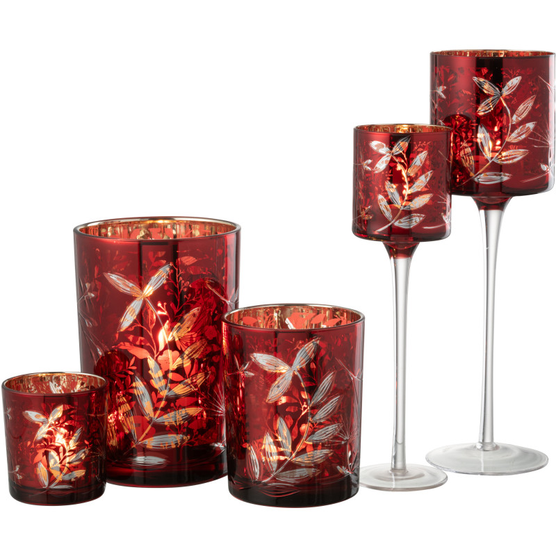 Photophore moderne sur pied XL Hauteur 30 cm en Verre Rouge Motif feuilles Covin - 7