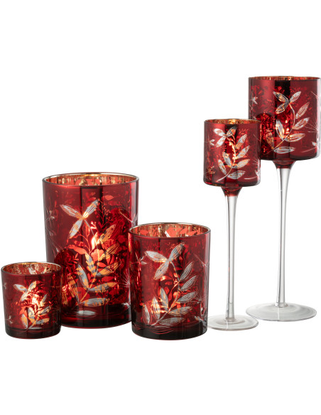 Photophore moderne sur pied XL Hauteur 30 cm en Verre Rouge Motif feuilles Covin - 7