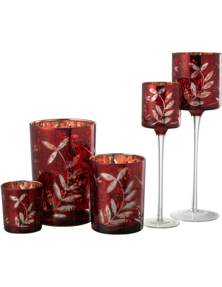 Photophore moderne sur pied XL Hauteur 30 cm en Verre Rouge Motif feuilles Covin - 8