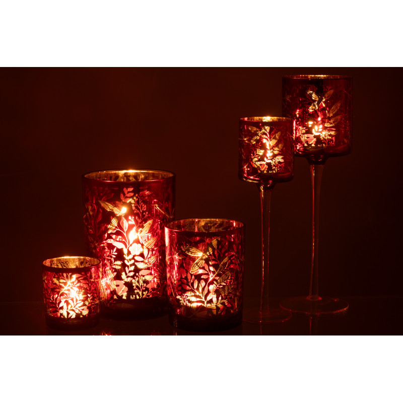 Photophore moderne sur pied XL Hauteur 30 cm en Verre Rouge Motif feuilles Covin - 9