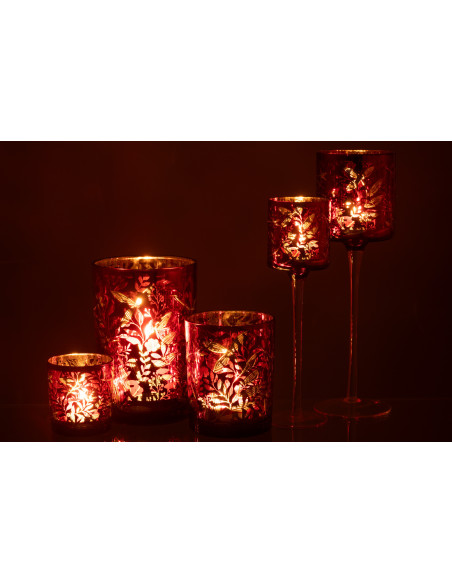 Photophore moderne sur pied XL Hauteur 30 cm en Verre Rouge Motif feuilles Covin - 9