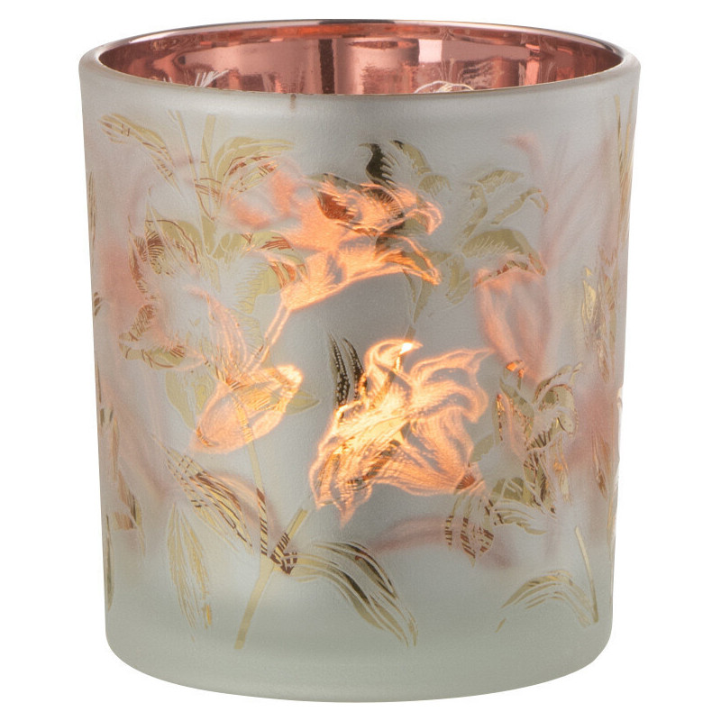 Photophore romantique Diamètre 7 cm en Verre Blanc Doré Motif fleurs Lydria - 1