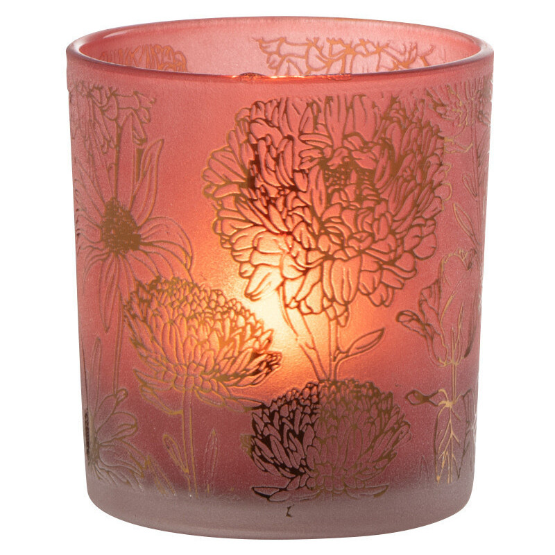 Photophore romantique Diamètre 7 cm en Verre Rouge Doré Motif fleurs Selara - 1