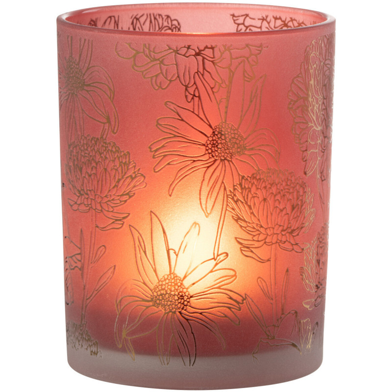 Photophore romantique Diamètre 10 cm en Verre Rouge Doré Motif fleurs Selara - 1