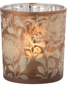 Photophore Shabby chic Diamètre 7 cm en Verre Ambré Argenté Motif fleurs Seldar - 1