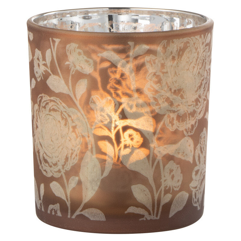 Photophore Shabby chic Diamètre 7 cm en Verre Ambré Argenté Motif fleurs Seldar - 1