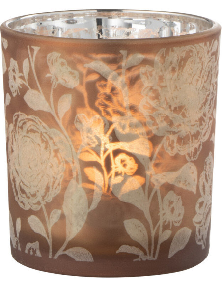 Photophore Shabby chic Diamètre 7 cm en Verre Ambré Argenté Motif fleurs Seldar - 1