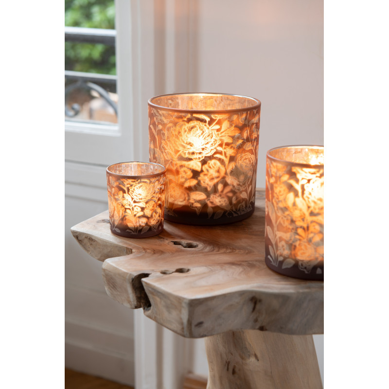 Photophore Shabby chic Diamètre 7 cm en Verre Ambré Argenté Motif fleurs Seldar - 2