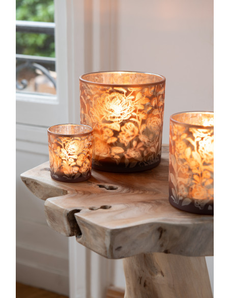 Photophore Shabby chic Diamètre 7 cm en Verre Ambré Argenté Motif fleurs Seldar - 2
