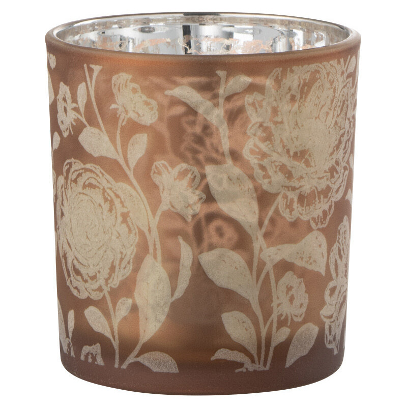 Photophore Shabby chic Diamètre 7 cm en Verre Ambré Argenté Motif fleurs Seldar - 3