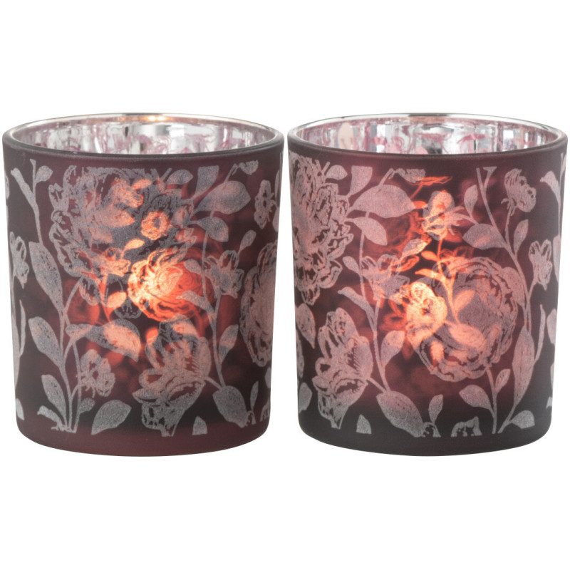 Photophore Shabby chic Diamètre 7 cm en Verre Rouge bordeaux Argenté Motif fleurs Urionk (Lot de 2) - 1
