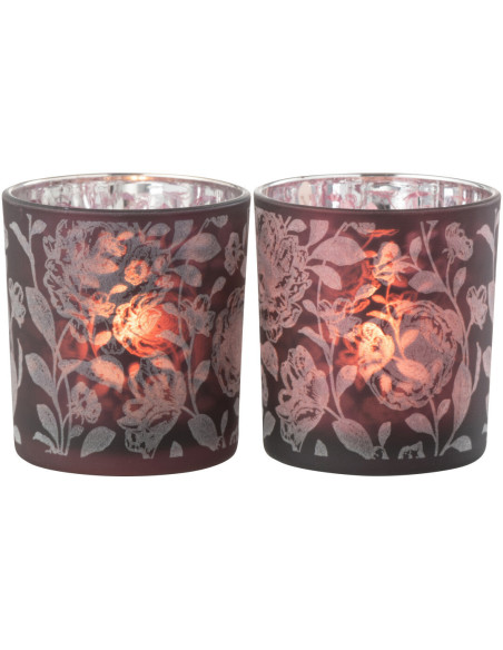 Photophore Shabby chic Diamètre 7 cm en Verre Rouge bordeaux Argenté Motif fleurs Urionk (Lot de 2) - 1