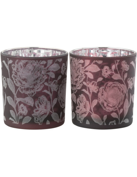 Photophore Shabby chic Diamètre 7 cm en Verre Rouge bordeaux Argenté Motif fleurs Urionk (Lot de 2) - 2