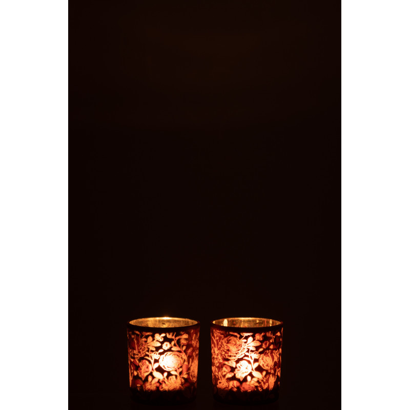 Photophore Shabby chic Diamètre 7 cm en Verre Rouge bordeaux Argenté Motif fleurs Urionk (Lot de 2) - 3
