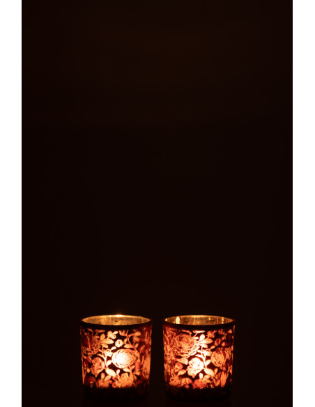 Photophore Shabby chic Diamètre 7 cm en Verre Rouge bordeaux Argenté Motif fleurs Urionk (Lot de 2) - 3
