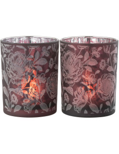 Photophore Shabby chic Diamètre 10 cm en Verre Rouge bordeaux Argenté Motif fleurs Urionk (Lot de 2) - 1