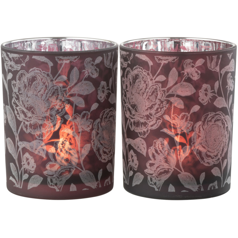 Photophore Shabby chic Diamètre 10 cm en Verre Rouge bordeaux Argenté Motif fleurs Urionk (Lot de 2) - 1