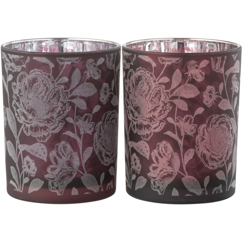 Photophore Shabby chic Diamètre 10 cm en Verre Rouge bordeaux Argenté Motif fleurs Urionk (Lot de 2) - 2