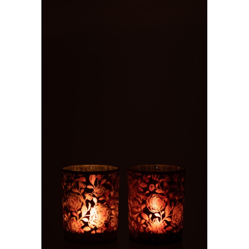 Photophore Shabby chic Diamètre 10 cm en Verre Rouge bordeaux Argenté Motif fleurs Urionk (Lot de 2) - 3
