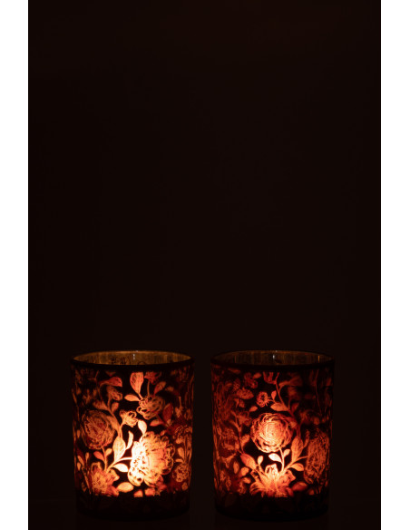 Photophore Shabby chic Diamètre 10 cm en Verre Rouge bordeaux Argenté Motif fleurs Urionk (Lot de 2) - 3