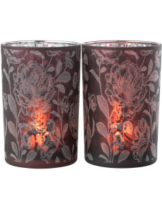 Photophore Shabby chic Diamètre 12 cm en Verre Rouge bordeaux Argenté Motif fleurs Urionk (Lot de 2) - 1