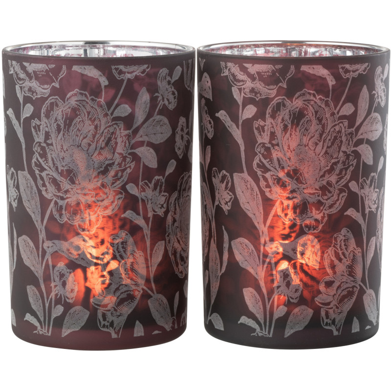 Photophore Shabby chic Diamètre 12 cm en Verre Rouge bordeaux Argenté Motif fleurs Urionk (Lot de 2) - 1