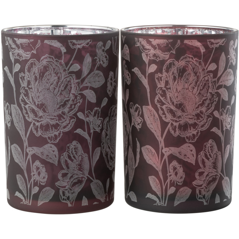Photophore Shabby chic Diamètre 12 cm en Verre Rouge bordeaux Argenté Motif fleurs Urionk (Lot de 2) - 2