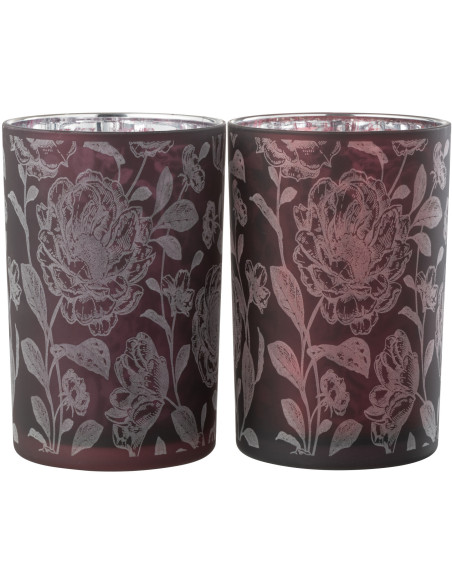 Photophore Shabby chic Diamètre 12 cm en Verre Rouge bordeaux Argenté Motif fleurs Urionk (Lot de 2) - 2