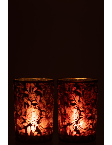Photophore Shabby chic Diamètre 12 cm en Verre Rouge bordeaux Argenté Motif fleurs Urionk (Lot de 2) - 3