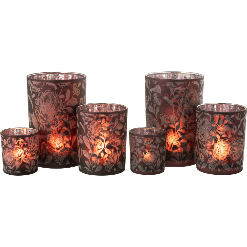Photophore Shabby chic Diamètre 12 cm en Verre Rouge bordeaux Argenté Motif fleurs Urionk (Lot de 2) - 4