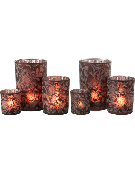 Photophore Shabby chic Diamètre 12 cm en Verre Rouge bordeaux Argenté Motif fleurs Urionk (Lot de 2) - 4