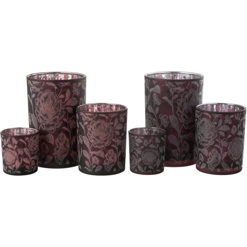 Photophore Shabby chic Diamètre 12 cm en Verre Rouge bordeaux Argenté Motif fleurs Urionk (Lot de 2) - 5