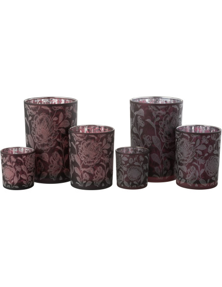 Photophore Shabby chic Diamètre 12 cm en Verre Rouge bordeaux Argenté Motif fleurs Urionk (Lot de 2) - 5