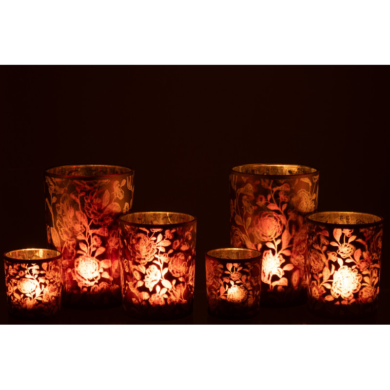 Photophore Shabby chic Diamètre 12 cm en Verre Rouge bordeaux Argenté Motif fleurs Urionk (Lot de 2) - 6