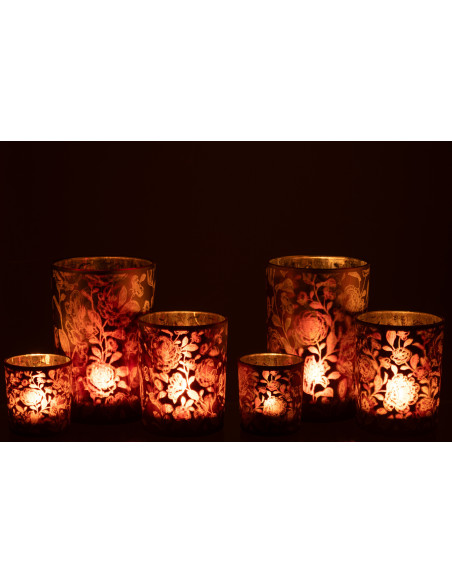 Photophore Shabby chic Diamètre 12 cm en Verre Rouge bordeaux Argenté Motif fleurs Urionk (Lot de 2) - 6