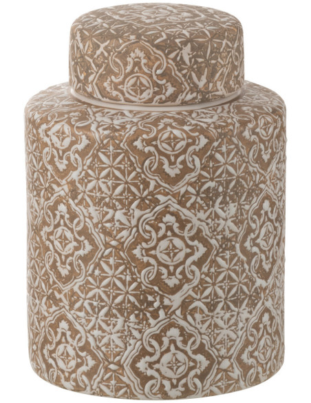 Boîte décorative ronde orientale Hauteur 19 cm en Porcelaine Beige Blanc Wabi - 1