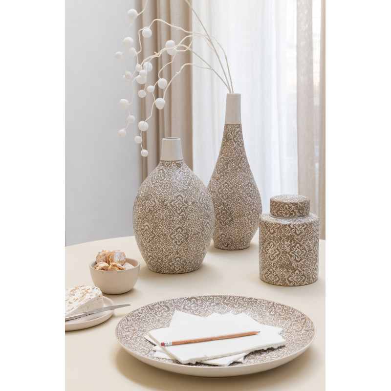 Boîte décorative ronde orientale Hauteur 19 cm en Porcelaine Beige Blanc Wabi - 2