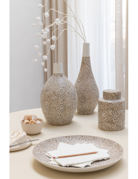 Boîte décorative ronde orientale Hauteur 19 cm en Porcelaine Beige Blanc Wabi - 2